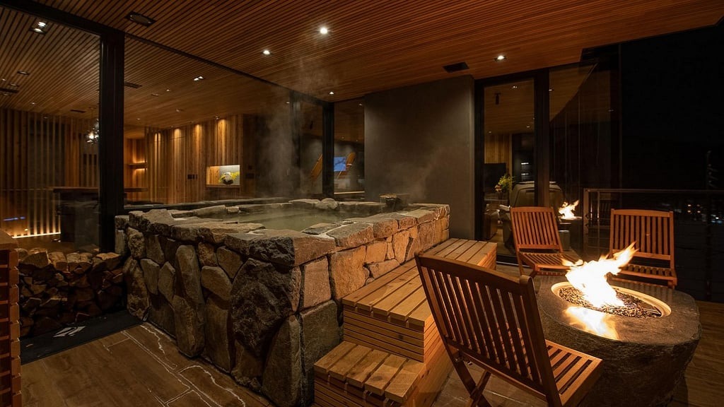 onsen - hot spring and outdoor fireplace - chalets